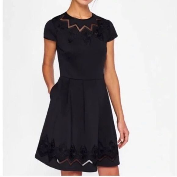 Ted Baker Cheskka Lace and Mesh Skater Dress Dark Blue Navy Floral Embroidery - Picture 1 of 16